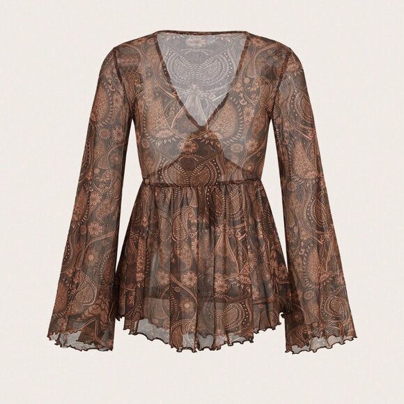 Coffee Brown Boho Women's Vacation Paisley Print Tie Front Ruffle Hem Shirt top - Picture 7 of 9